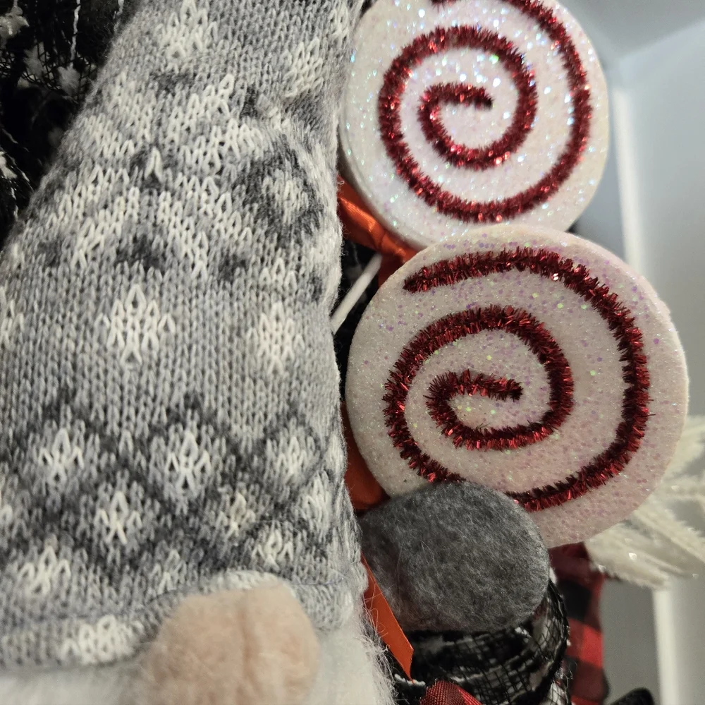 Festive Gnome Holiday Wreath - Red, Black, and White